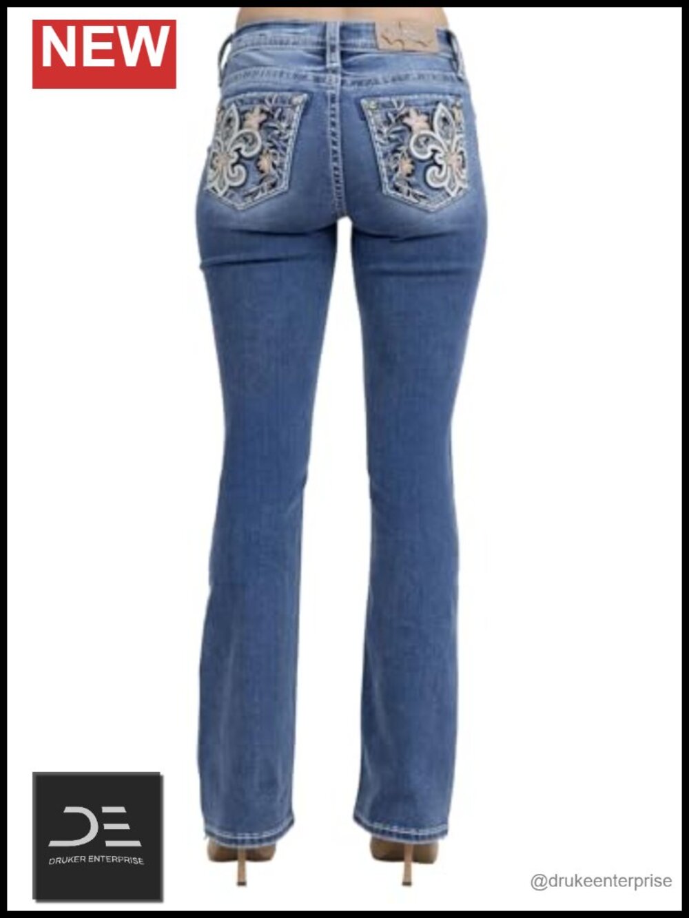 Miss Me Women's Mid-Rise Bootcut Jeans with Embellished Fleur de Lis Pockets